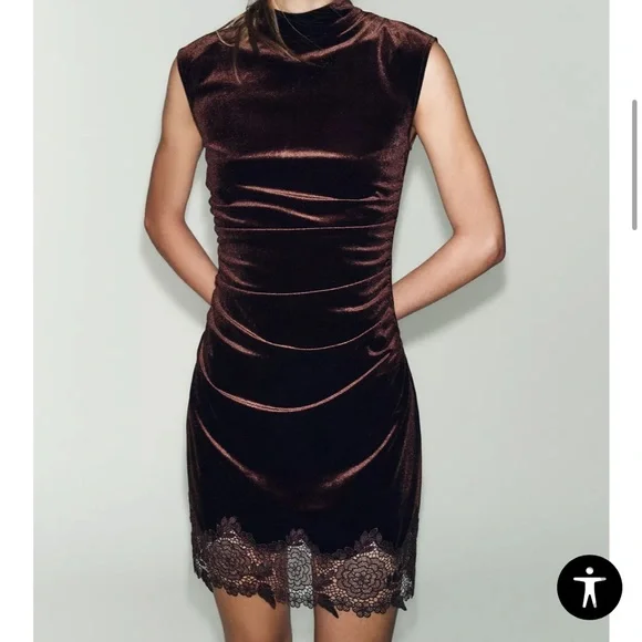 NWT Zara Velvet Lace Dress - Dark Brown - Size M - Picture 2 of 9